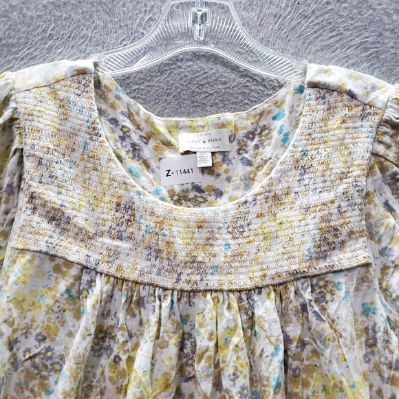 Lucky Brand Women Top Small Yellow Floral Shirt Short Sleeve Round Neck - Picture 2 of 7
